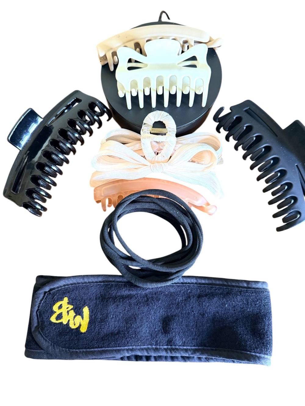 5/$25 8pc Hair Accessory Set — Black and Cream Clips & Bands & banana clips ETC
